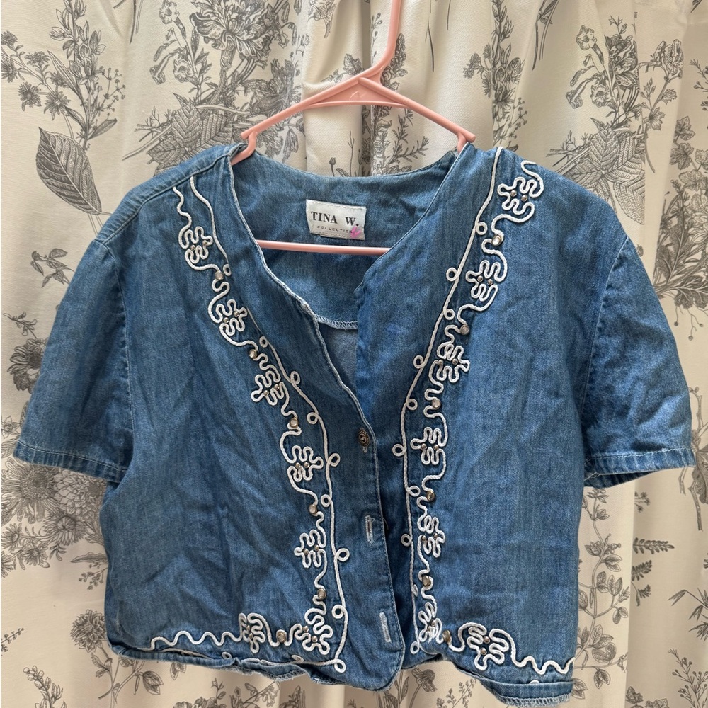 Tina W. Blue Denim Embroidered Top